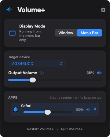 The Volume+ menu bar panel, showing the output device, output volume and a Safari volume slider
